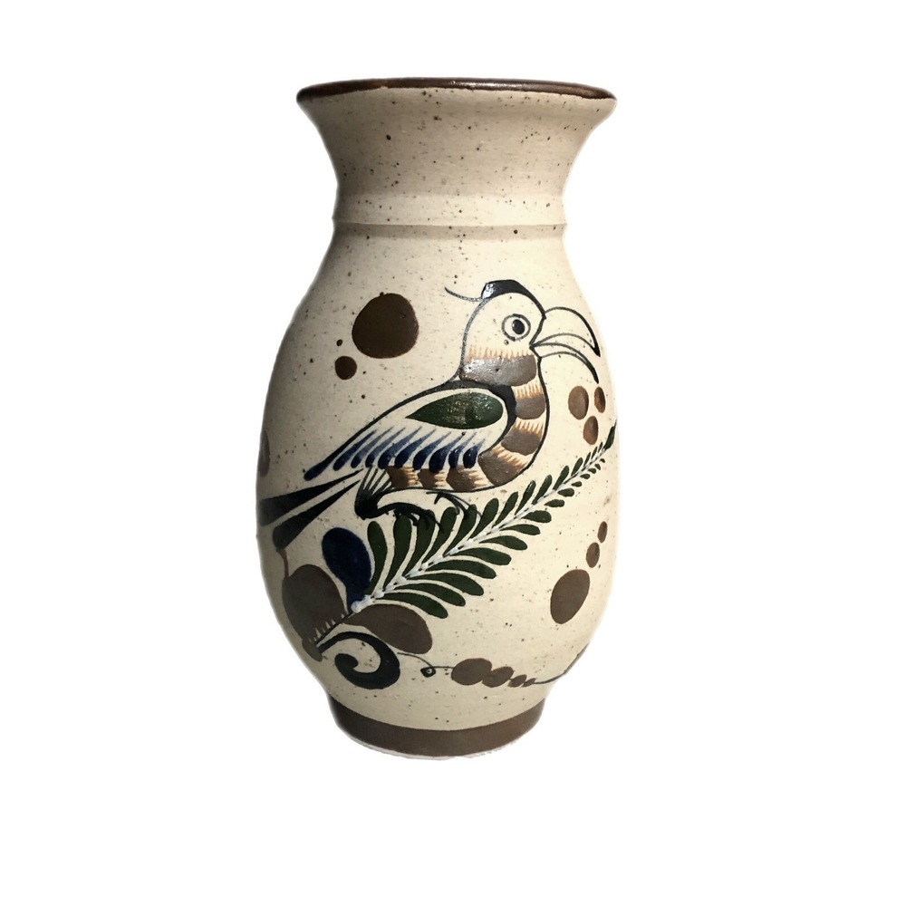 Tonala Mexican Pottery Bird Floral Vase Folk Art READ